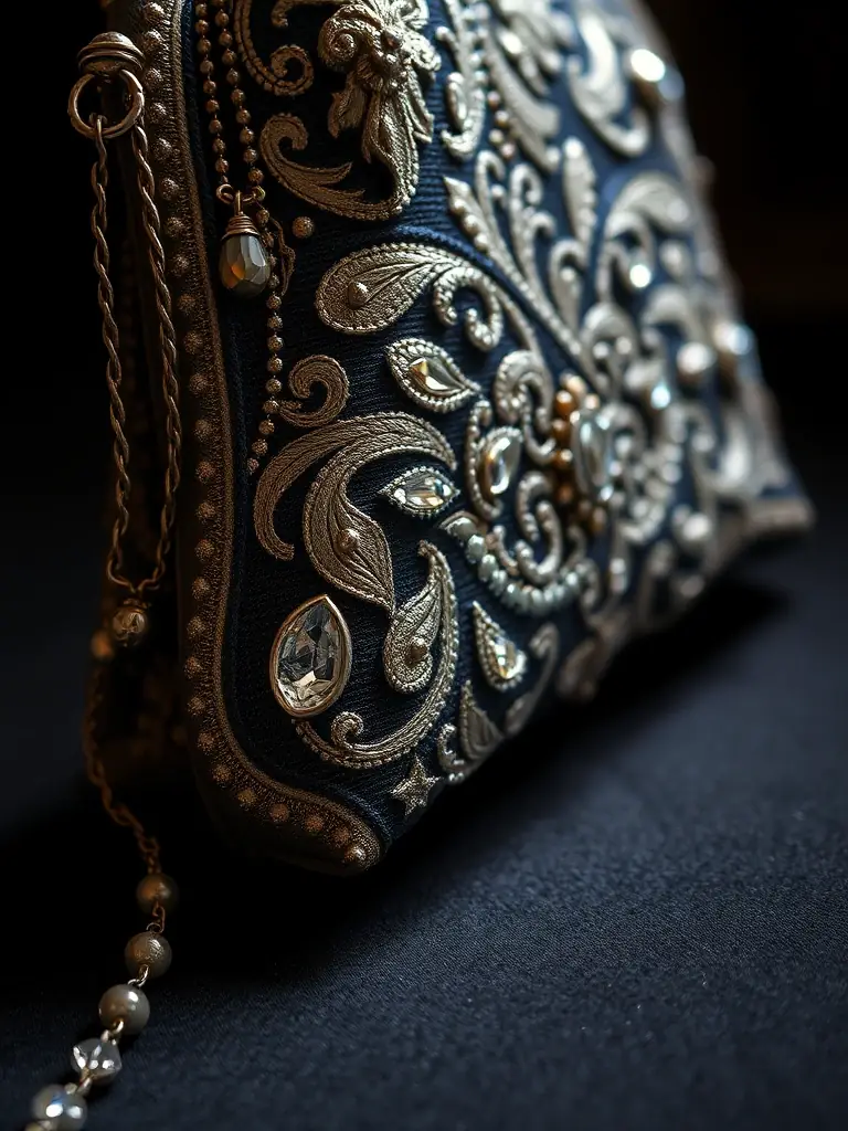 A close-up shot of a vintage-inspired handbag with intricate embroidery and sparkling accents, showcasing the craftsmanship and attention to detail that QUEENZ Collections is known for.