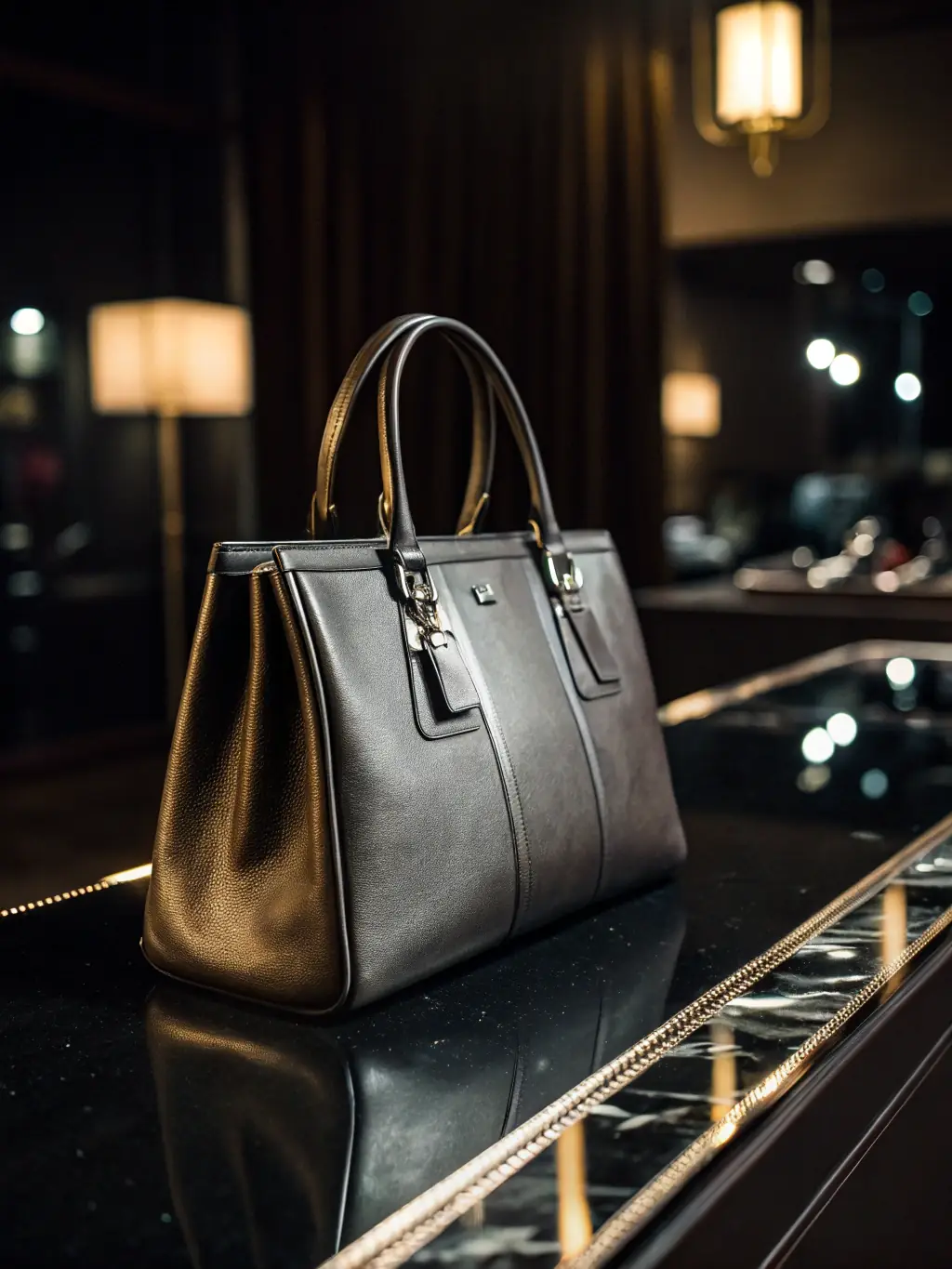 A sleek leather coach bag with gold accents, displayed on a minimalist background, emphasizing the versatile style and high-fashion appeal of QUEENZ Collections' coaches.