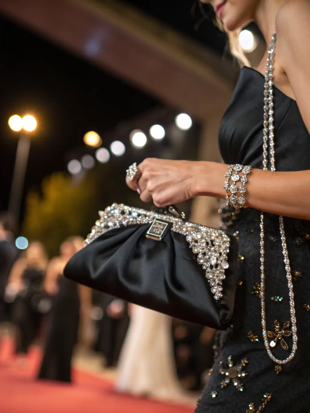 A dazzling clutch purse adorned with crystals, placed on a reflective surface with soft lighting, highlighting the sparkling embellishments and glamorous finishes of QUEENZ Collections' purses.