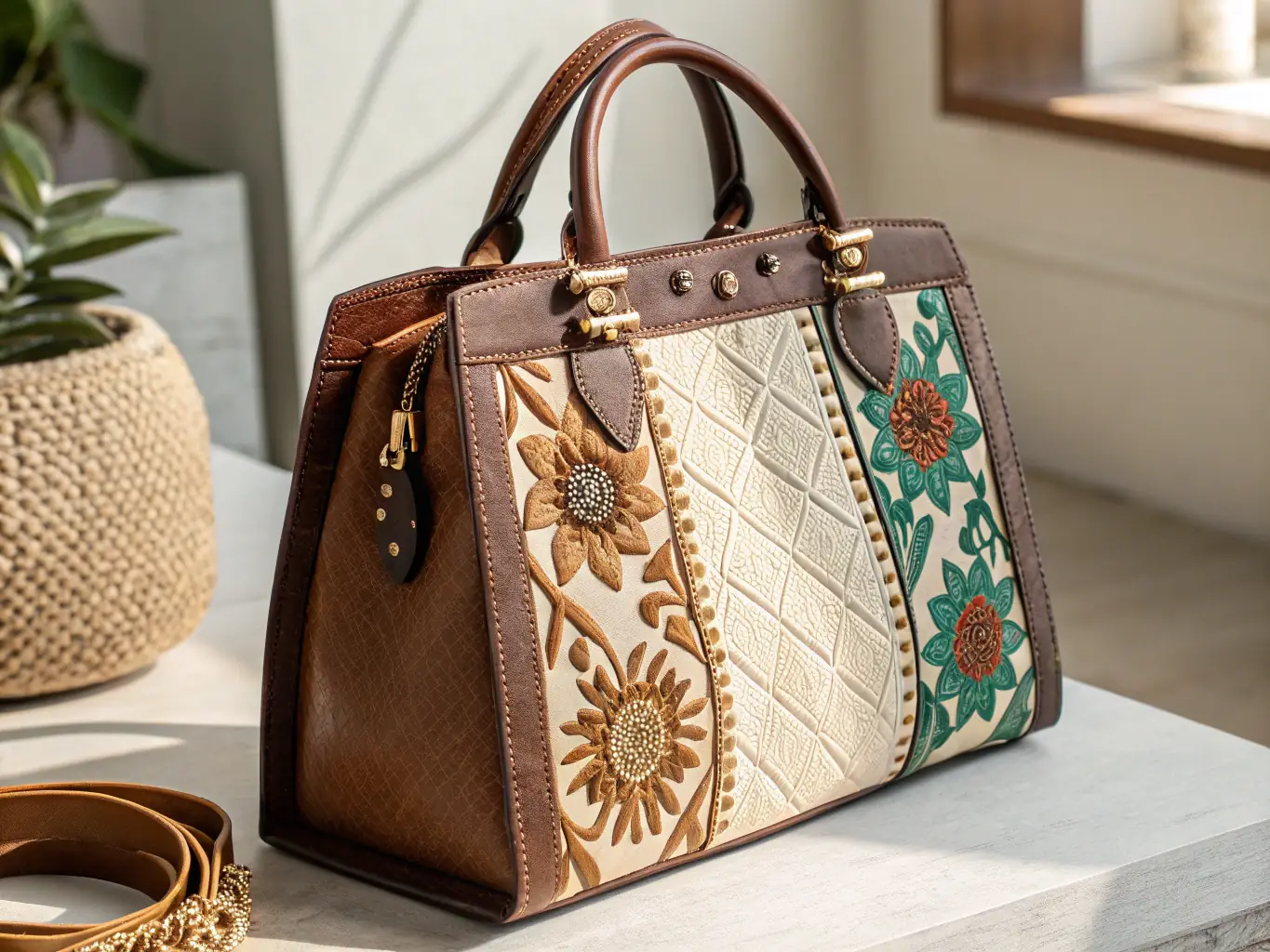 A close-up shot of a vintage-inspired handbag from QUEENZ Collections, showcasing its intricate embroidery and sparkling accents. The handbag is displayed on a luxurious velvet cushion, highlighting its elegance and craftsmanship.